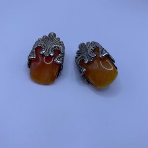Vintage Roman Style Silver and Amber Clip-On Earrings